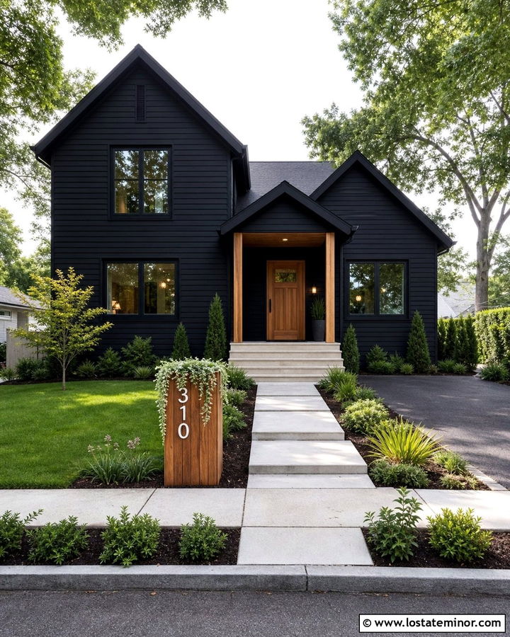 Jet Black House With Address Planter - 30 Jet Black House Design With House Numbers Ideas