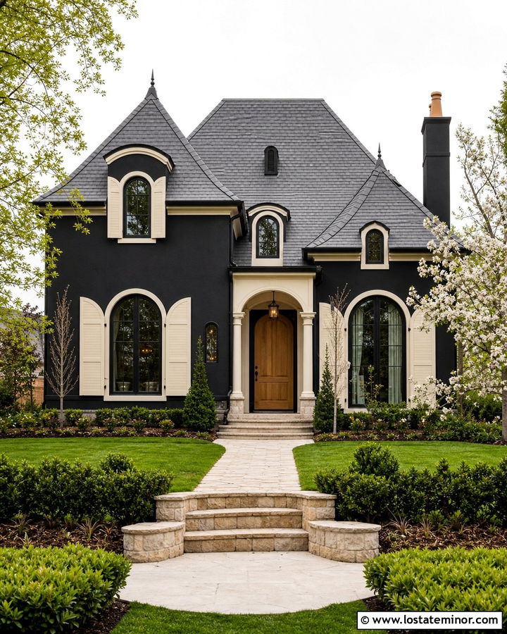 Jet Black House With Arched Cream Shutters - 30 Jet Black House Design With Shutters Ideas