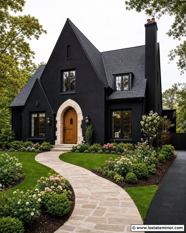 Jet Black House With Arched Front Door - 30 Jet Black House Design With Front Door Ideas