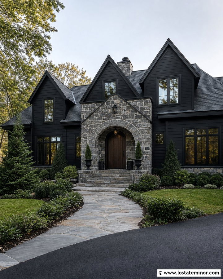 Jet Black House With Arched Stone Portico - 30 Jet Black House Design With Portico Ideas