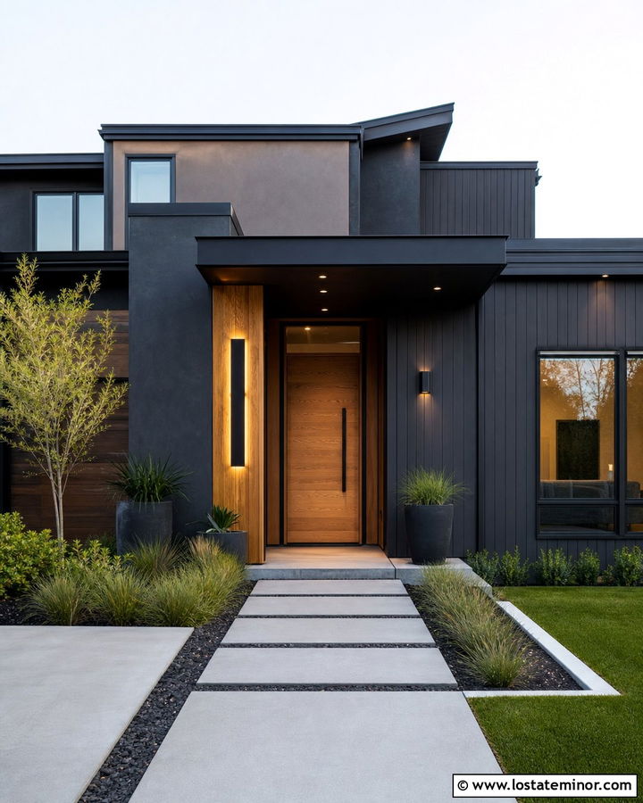 Jet Black House With Backlit Address Sign - 30 Jet Black House Design With Lighting Ideas