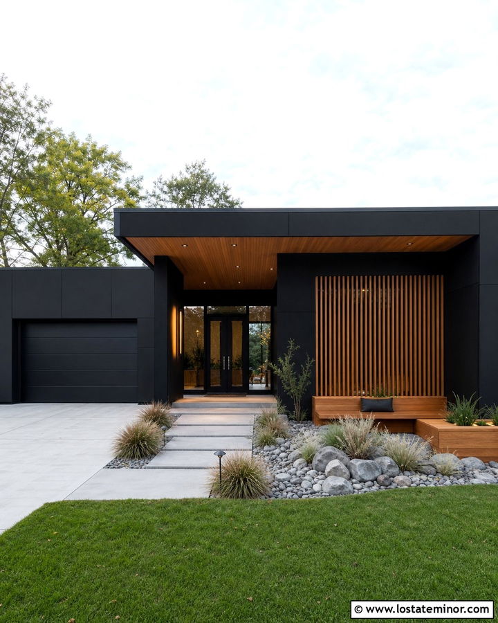 Jet Black House With Bamboo Porch Ceiling - 30 Jet Black House Design With Porch Ceiling Ideas