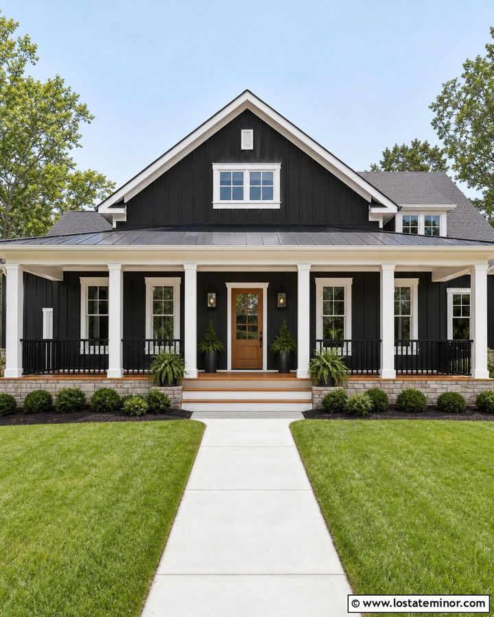 Jet Black House With Black And White Railings - 30 Jet Black House Design With Railings Ideas