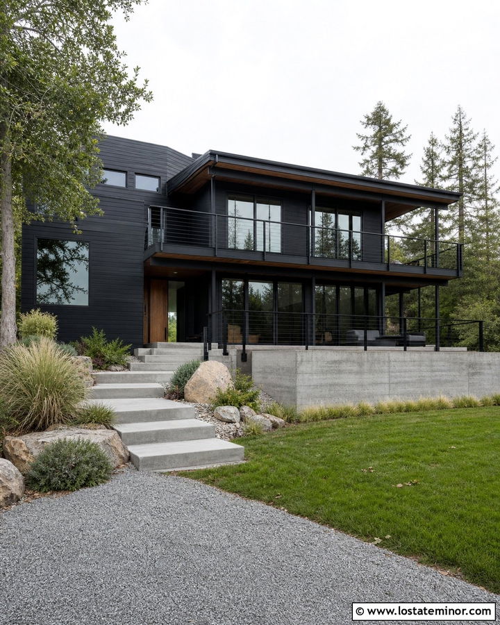 Jet Black House With Black Cable Railings - 30 Jet Black House Design With Railings Ideas