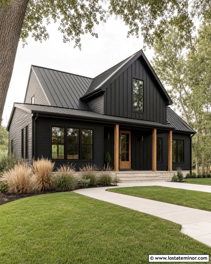 Jet Black House With Black Metal Gable Roof - 30 Jet Black House Design With Roof Ideas