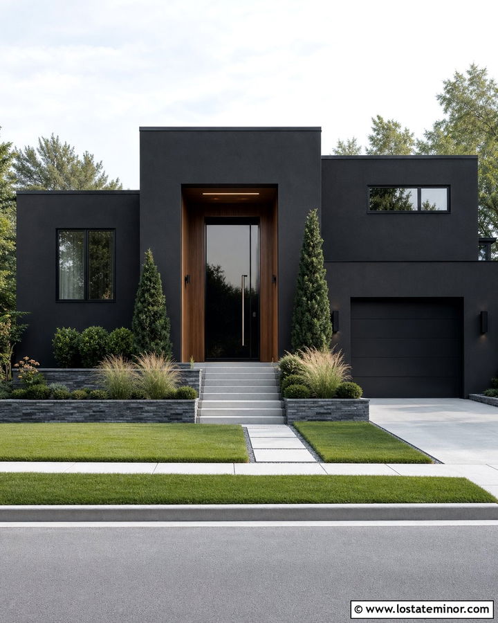 Jet Black House With Black Monochrome Entry Door - 30 Jet Black House Design With Entry Door Ideas