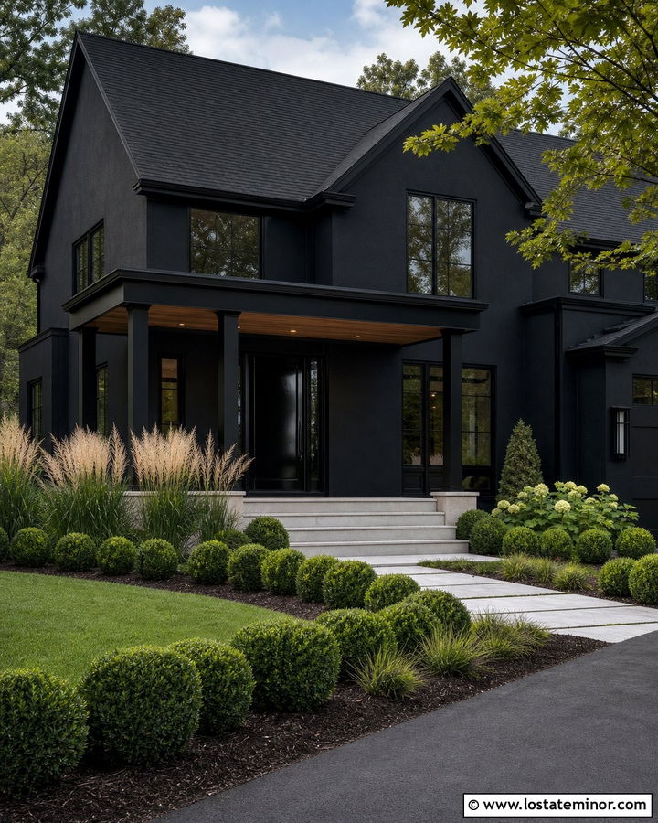 Jet Black House With Black Monochrome Portico - 30 Jet Black House Design With Portico Ideas