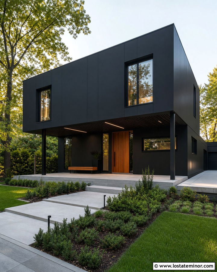 Jet Black House With Black Slatted Porch Ceiling - 30 Jet Black House Design With Porch Ceiling Ideas