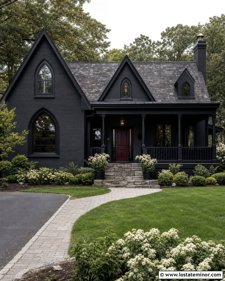 Jet Black House With Black Wood Railings - 30 Jet Black House Design With Railings Ideas