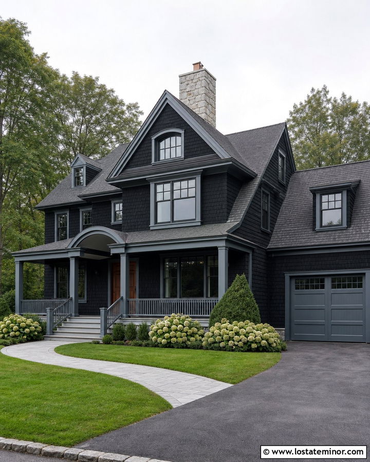 Jet Black House With Blue Gray Trim - 30 Jet Black House Design With Trim Ideas
