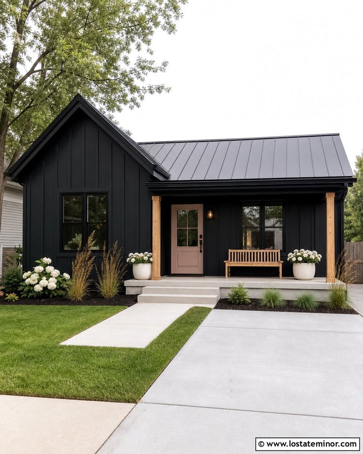 Jet Black House With Blush Pink Entry Door - 30 Jet Black House Design With Entry Door Ideas