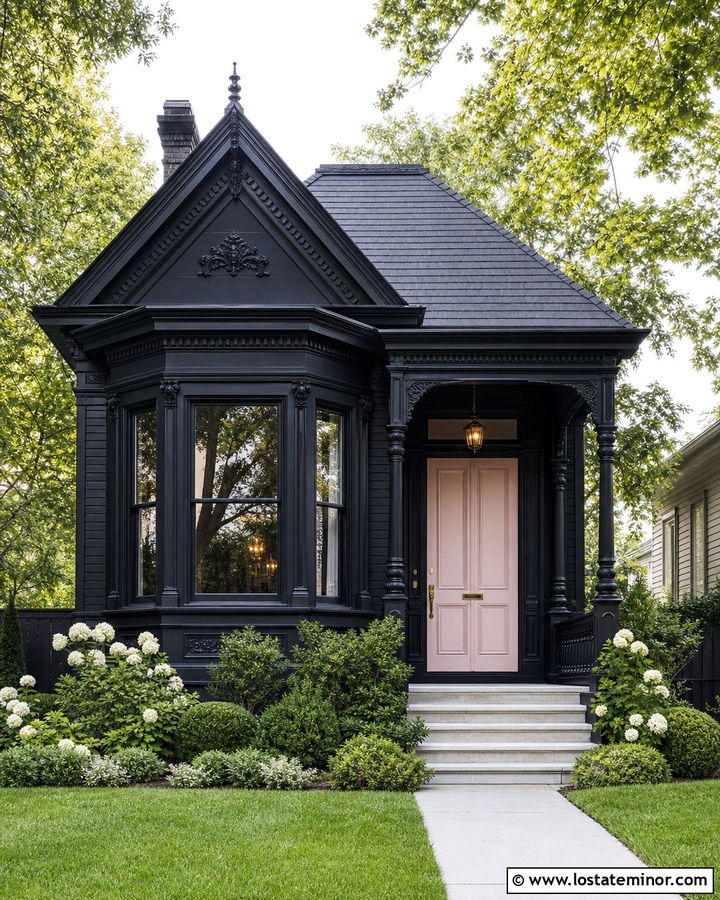 Jet Black House With Blush Pink Front Door - 30 Jet Black House Design With Front Door Ideas