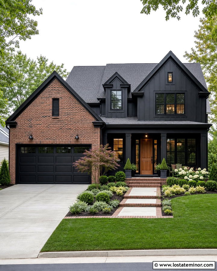 Jet Black House With Brick Garage - 30 Jet Black House Design With Brick Accents Ideas