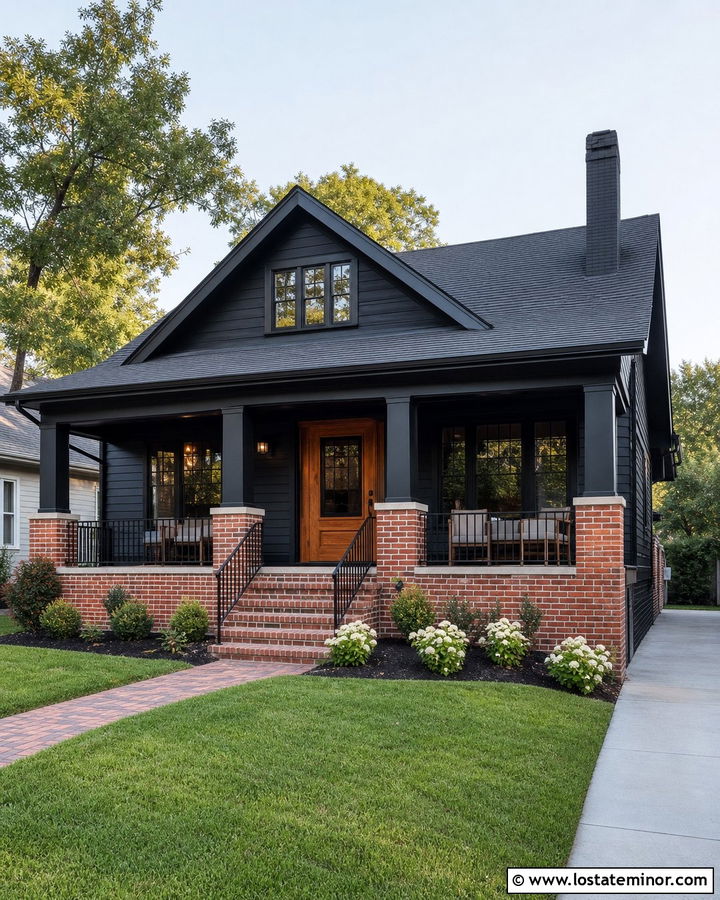 Jet Black House With Brick Porch Railings - 30 Jet Black House Design With Railings Ideas