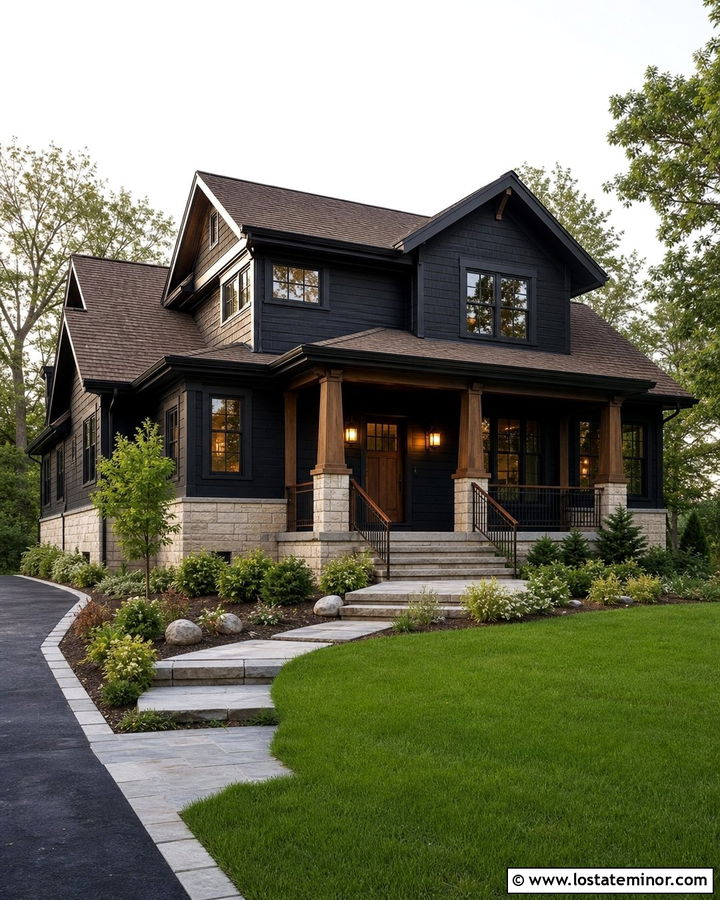 Jet Black House With Bronze Metal Railings - 30 Jet Black House Design With Railings Ideas