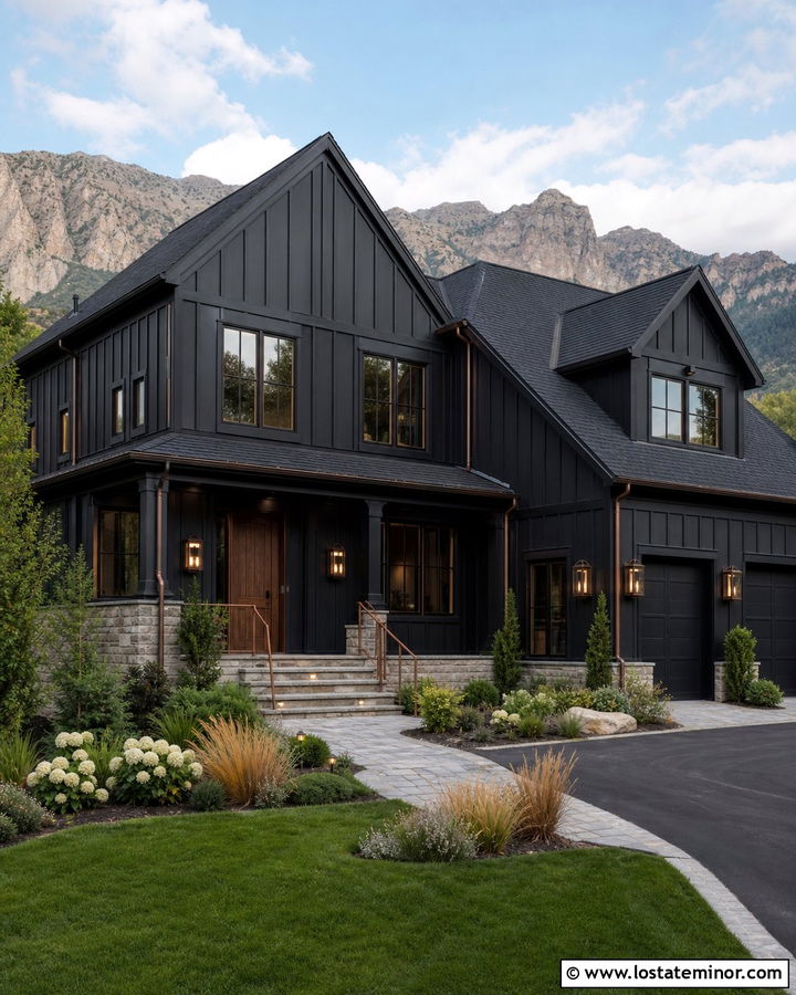 Jet Black House With Bronze Windows - 30 Jet Black House Design With Board and Batten Ideas