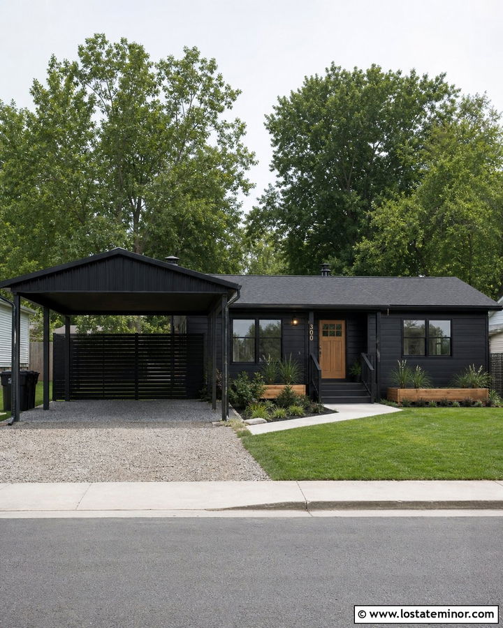 Jet Black House With Budget Metal Carport - 30 Jet Black House Design With Carport Ideas