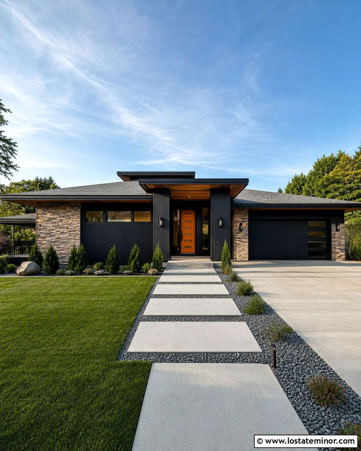 Jet Black House With Burnt Orange Entry Door - 30 Jet Black House Design With Entry Door Ideas