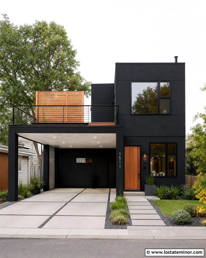 Jet Black House With Carport Roof Deck - 30 Jet Black House Design With Carport Ideas
