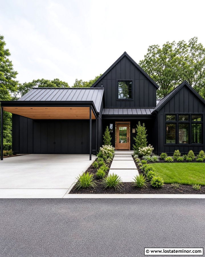Jet Black House With Carport Storage Wall - 30 Jet Black House Design With Carport Ideas