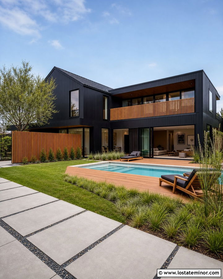 Jet Black House With Cedar Deck And Pool - 30 Jet Black House Design With Swimming Pool Ideas