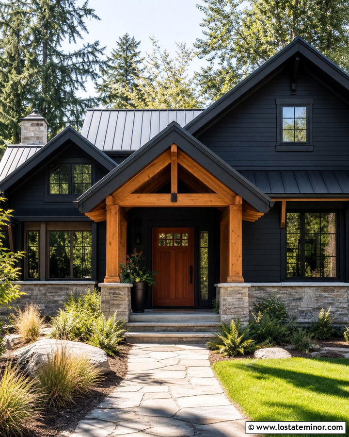 Jet Black House With Cedar Front Door - 30 Jet Black House Design With Front Door Ideas