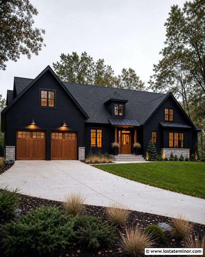 Jet Black House With Cedar Garage And Downlights - 30 Jet Black House Design With Lighting Ideas
