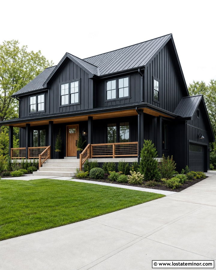 Jet Black House With Cedar Porch Railings - 30 Jet Black House Design With Railings Ideas