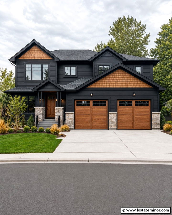 Jet Black House With Cedar Shake Garage Doors - 30 Jet Black House Design With Cedar Shake Ideas