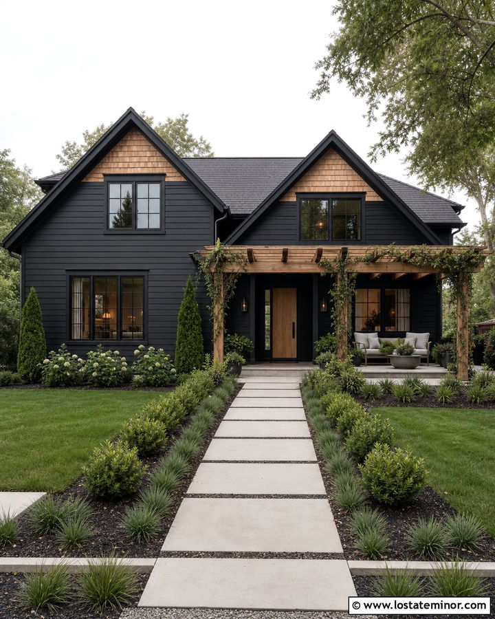 Jet Black House With Cedar Shake Pergola - 30 Jet Black House Design With Cedar Shake Ideas