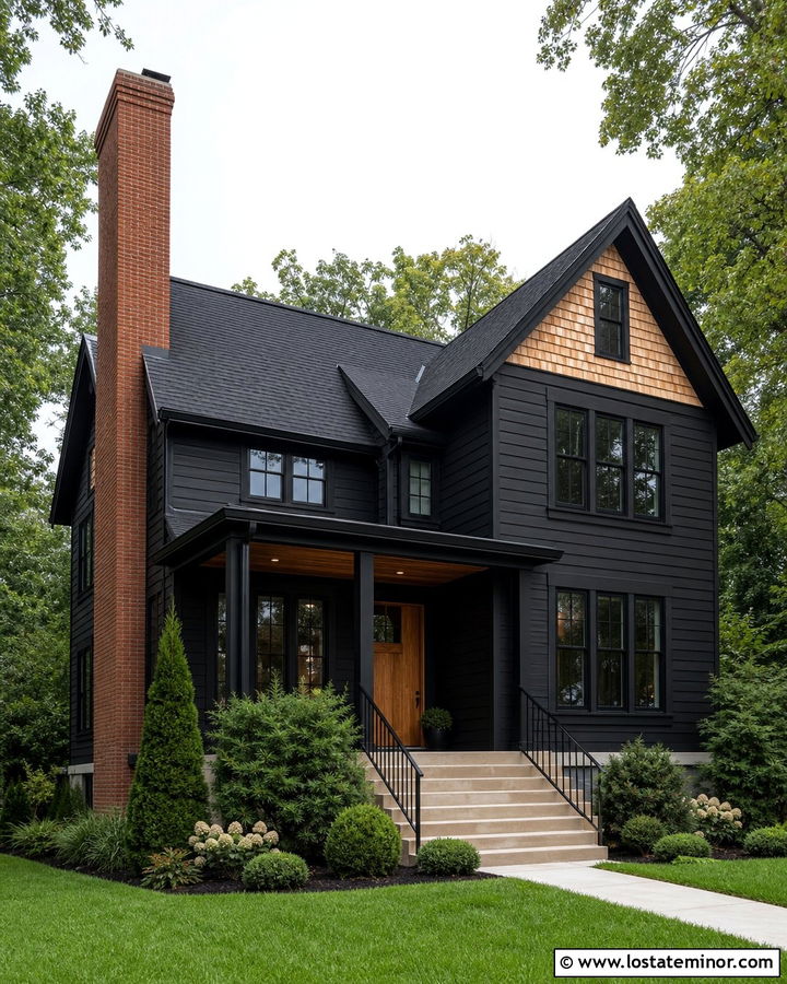 Jet Black House With Cedar Shakes And Red Brick Chimney - 30 Jet Black House Design With Cedar Shake Ideas
