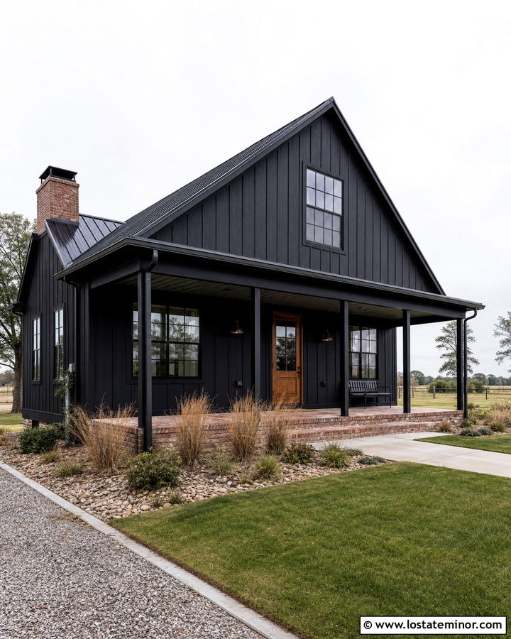 Jet Black House With Charcoal Metal Porch Ceiling - 30 Jet Black House Design With Porch Ceiling Ideas