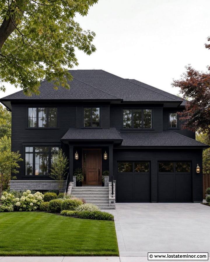 Jet Black House With Charcoal Shingle Hip Roof - 30 Jet Black House Design With Roof Ideas