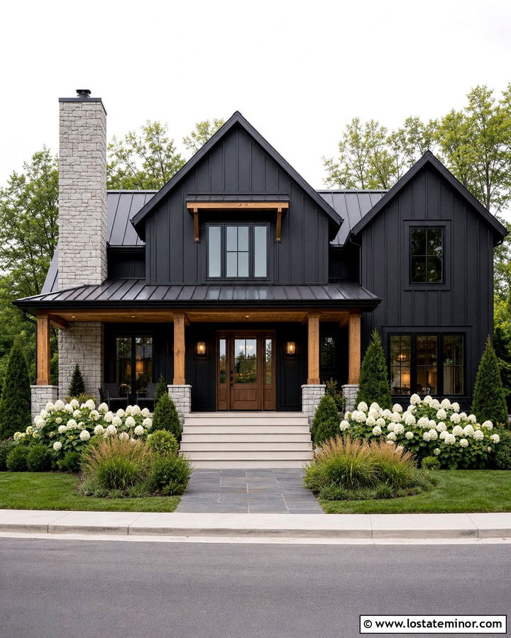 Jet Black House With Chimney And Front Porch - 30 Jet Black House Design With Chimney Ideas