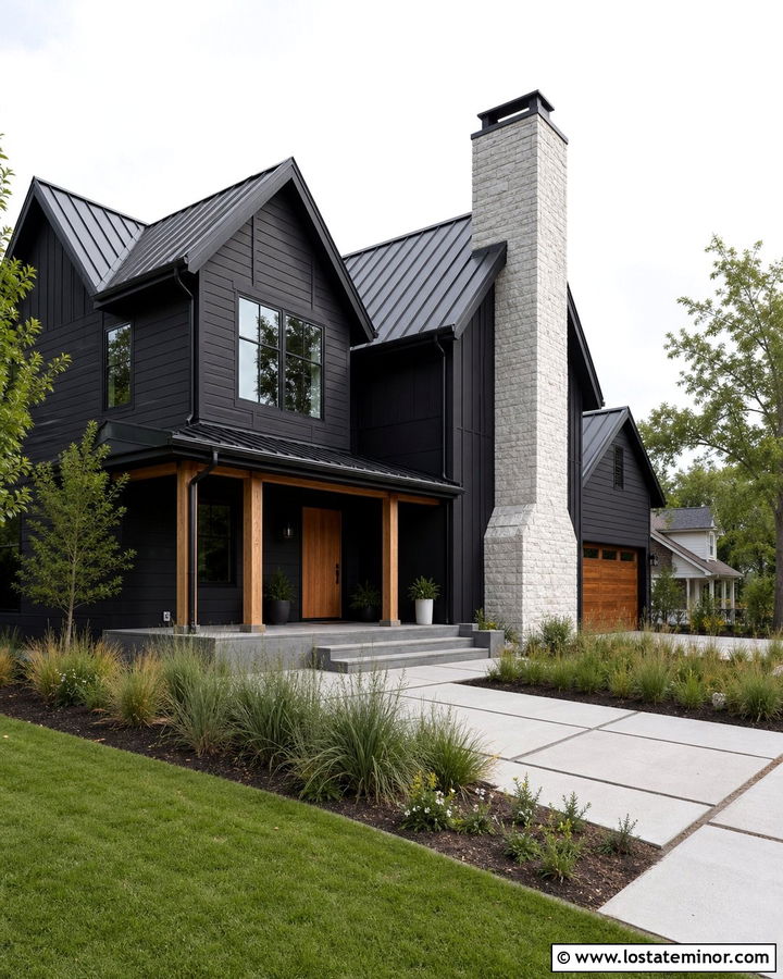 Jet Black House With Chimney And Metal Roof - 30 Jet Black House Design With Chimney Ideas