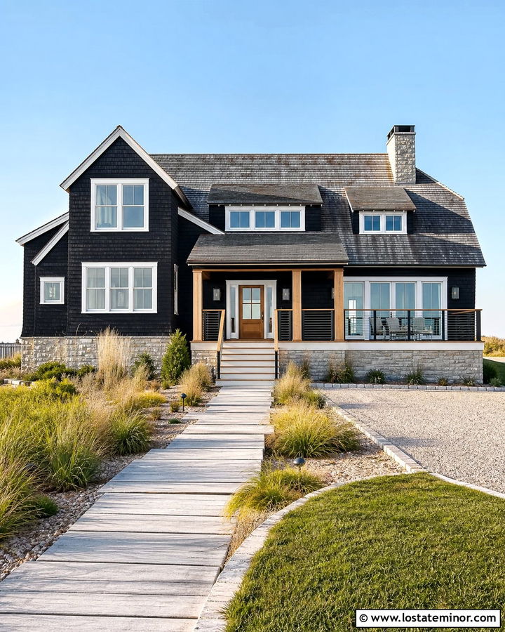 Jet Black House With Coastal Cable Railings - 30 Jet Black House Design With Railings Ideas