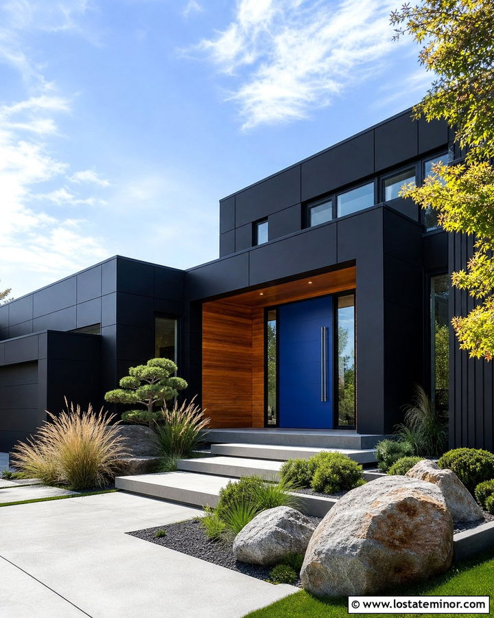 Jet Black House With Cobalt Blue Entry Door - 30 Jet Black House Design With Entry Door Ideas