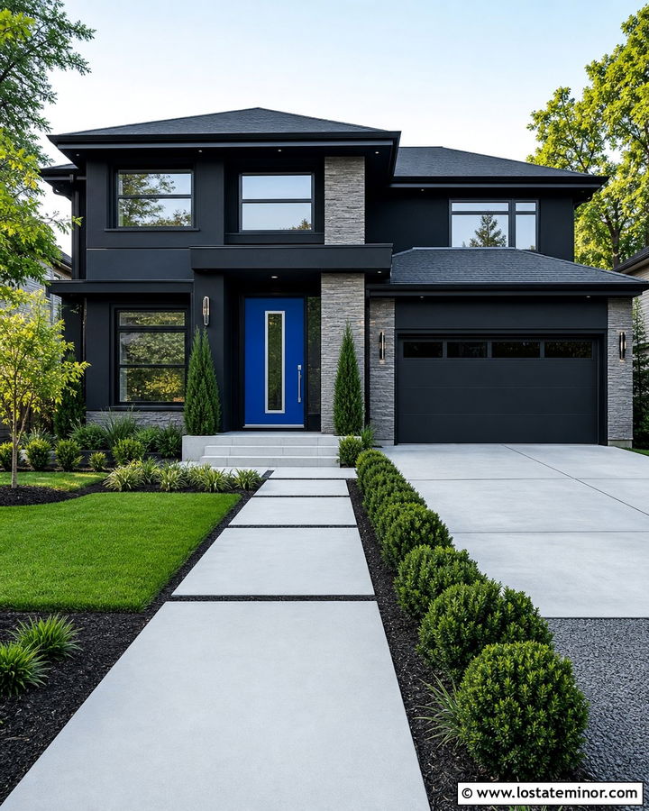 Jet Black House With Cobalt Blue Front Door - 30 Jet Black House Design With Front Door Ideas