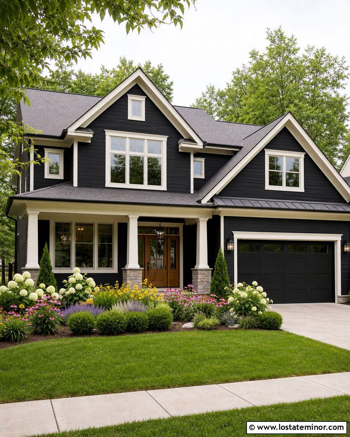 Jet Black House With Colorful Flower Beds - 30 Jet Black House Design With Front Yard Ideas