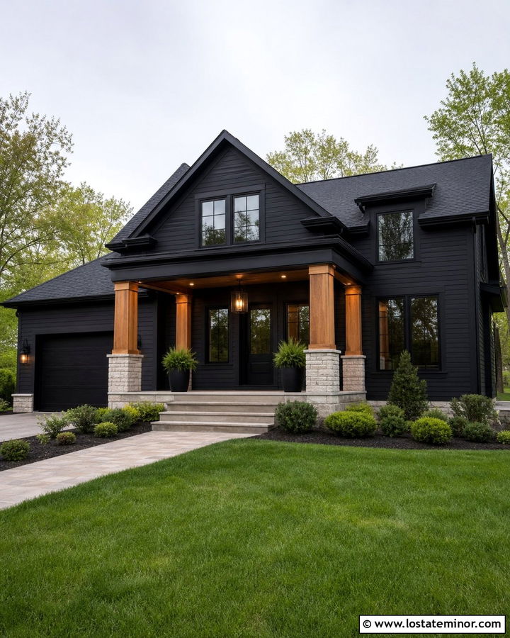 Jet Black House With Column Downlights - 30 Jet Black House Design With Lighting Ideas