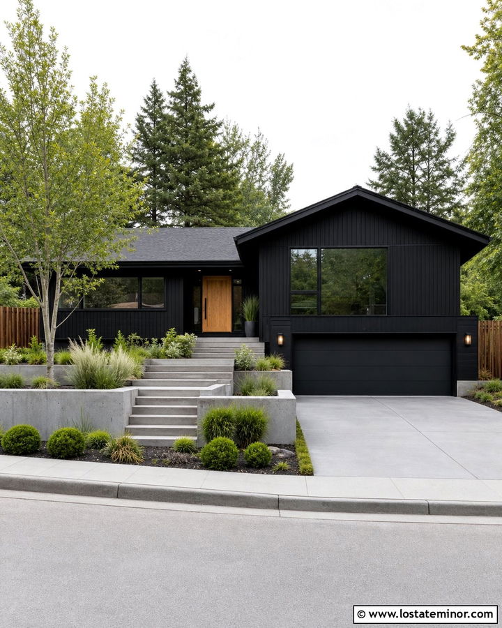 Jet Black House With Concrete Accents - 30 Jet Black House Design With Accents Ideas