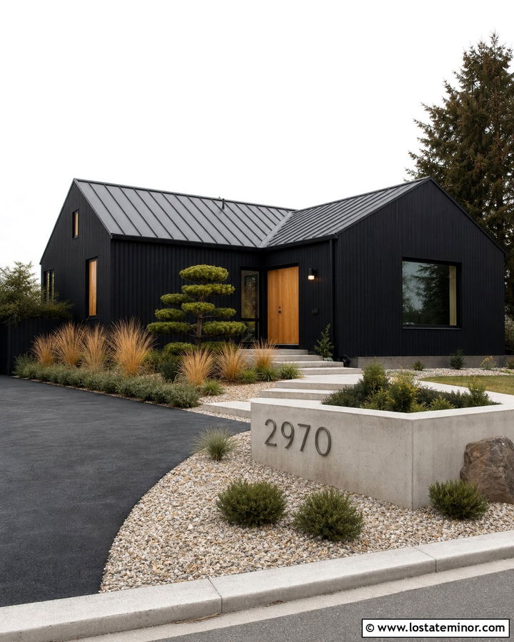 Jet Black House With Concrete Address Sign - 30 Jet Black House Design With House Numbers Ideas