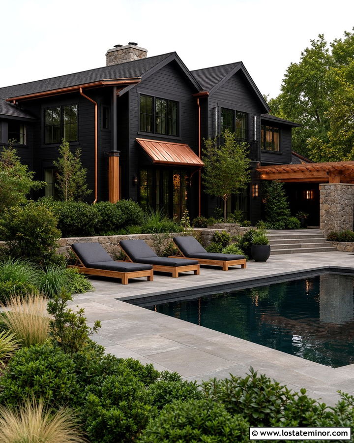 Jet Black House With Copper Accents And Pool - 30 Jet Black House Design With Swimming Pool Ideas