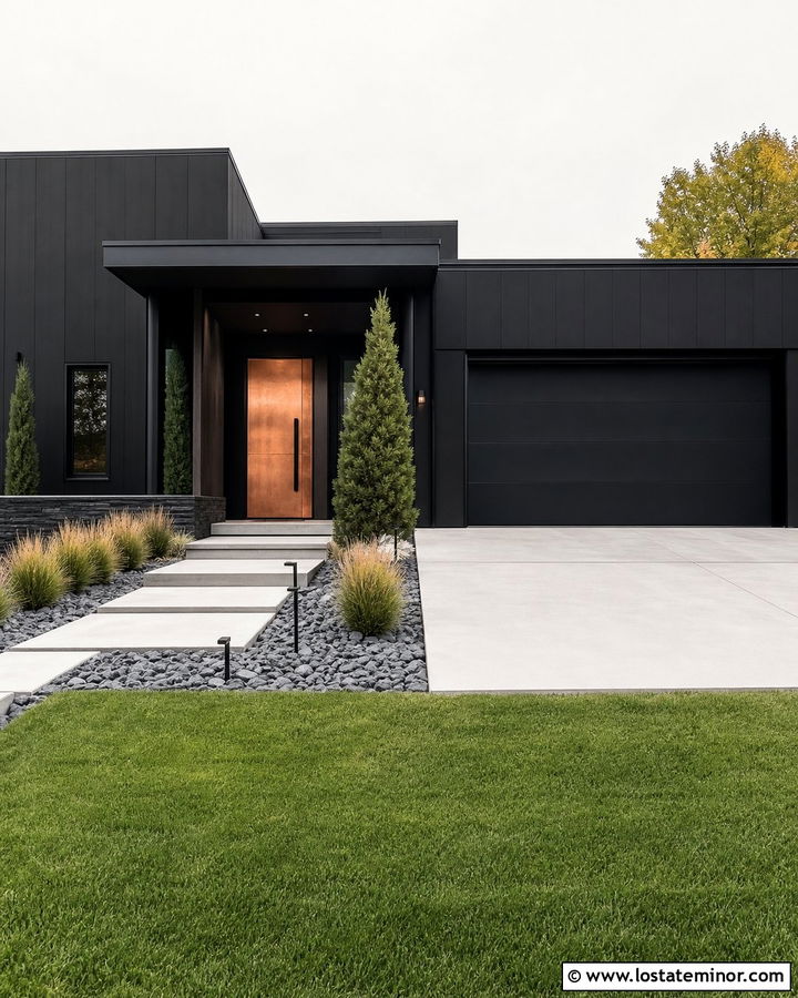 Jet Black House With Copper Clad Entry Door - 30 Jet Black House Design With Entry Door Ideas