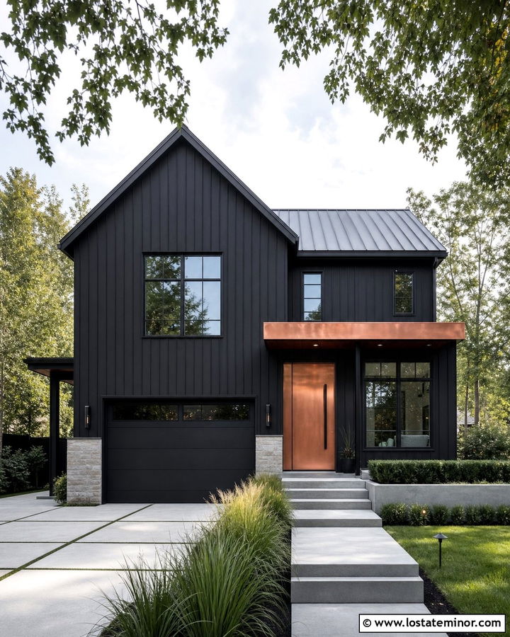 Jet Black House With Copper Front Door - 30 Jet Black House Design With Front Door Ideas