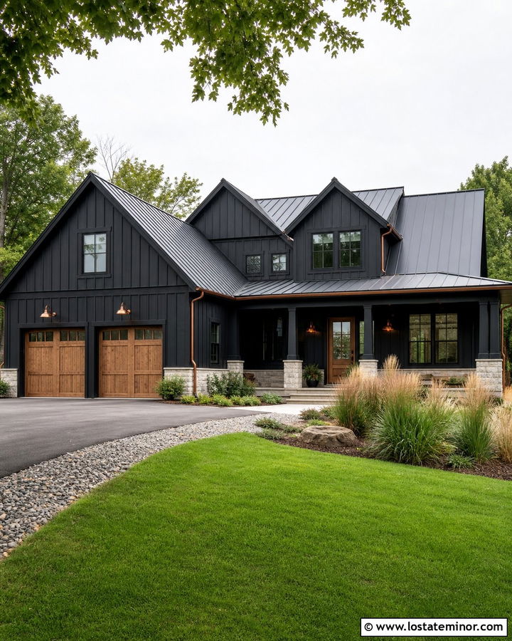 Jet Black House With Copper Gooseneck Lights - 30 Jet Black House Design With Light Fixtures Ideas