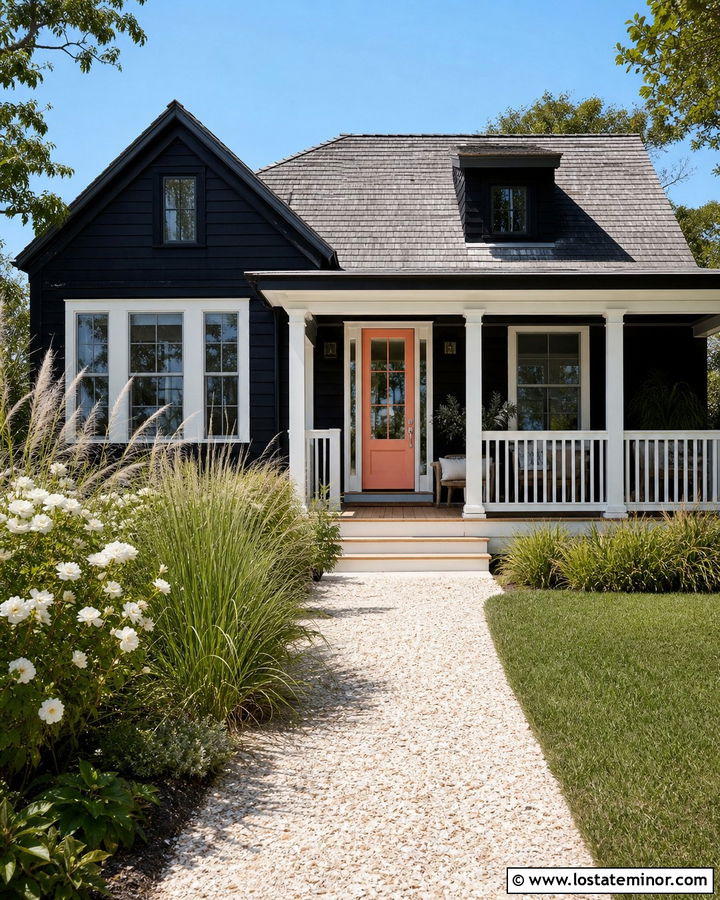 Jet Black House With Coral Front Door - 30 Jet Black House Design With Front Door Ideas