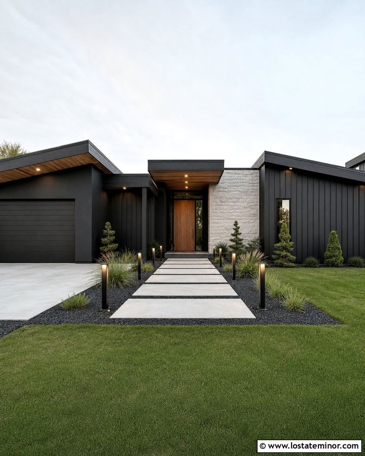 Jet Black House With Courtyard Bollard Lights - 30 Jet Black House Design With Lighting Ideas