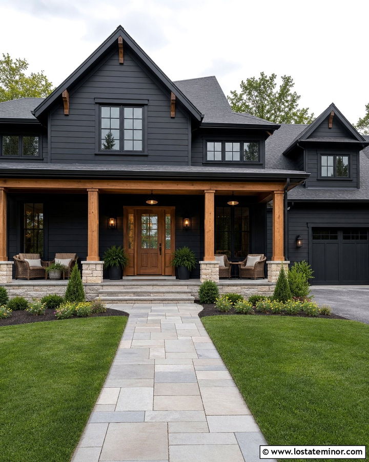 Jet Black House With Covered Porch Lighting - 30 Jet Black House Design With Lighting Ideas