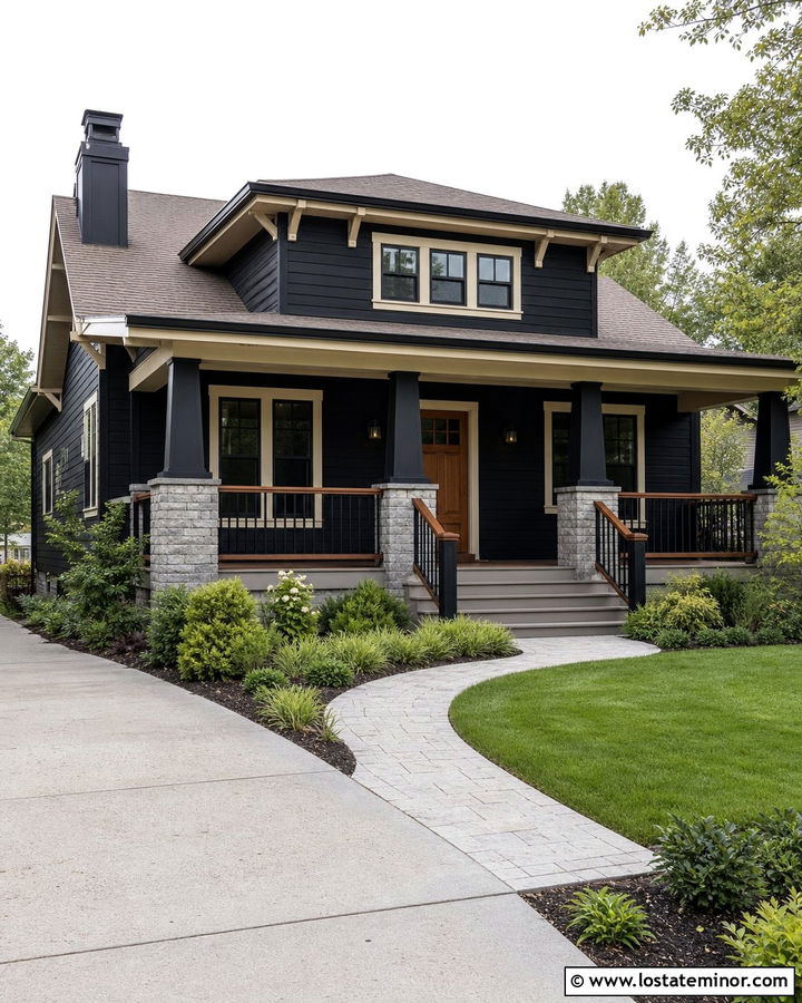 Jet Black House With Craftsman Railings - 30 Jet Black House Design With Railings Ideas